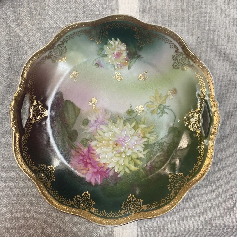 Antique Z.S. & Co Bavaria Hand Painted Green Floral Porcelain Plate Gold Handle